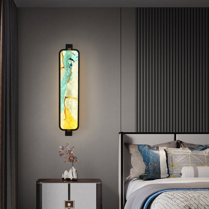 Aplique de pared LED de esmalte rectangular de hierro, latón y vidrio chino tradicional para mesita de noche 