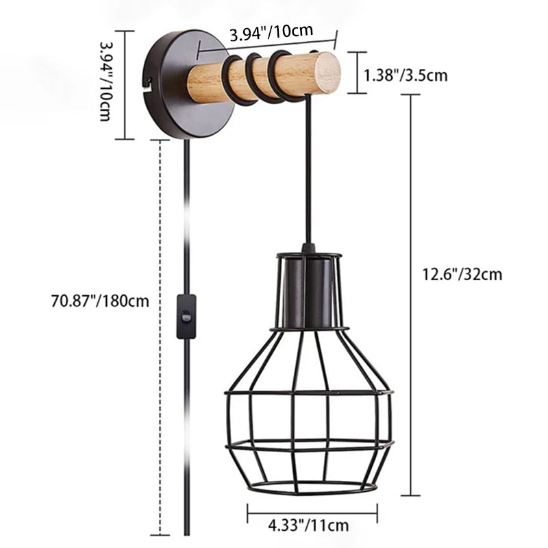 Contemporary Industrial Metal Wood Cage Grenade 1-Light Wall Sconce Lamp For Kitchen