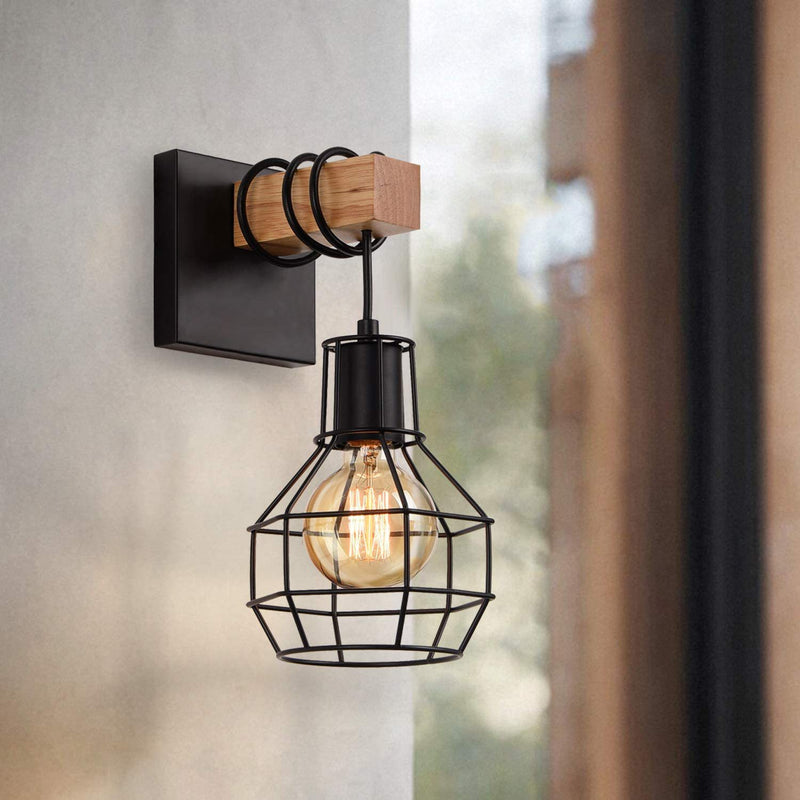 Applique murale contemporaine en métal industriel et bois avec cage grenade à 1 lumière pour cuisine 
