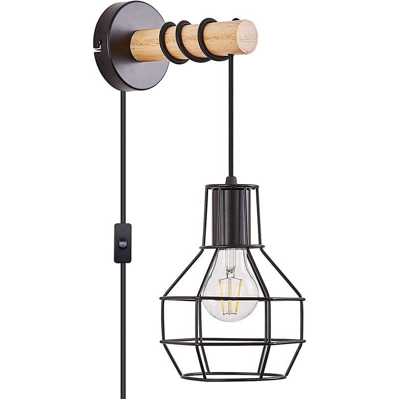 Applique murale contemporaine en métal industriel et bois avec cage grenade à 1 lumière pour cuisine 