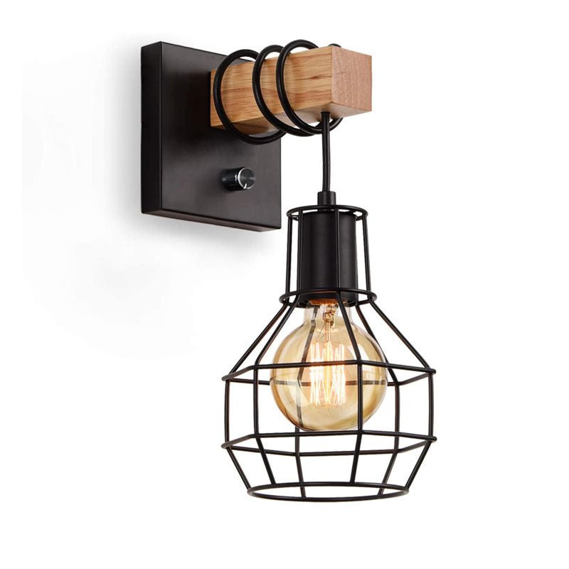 Applique murale contemporaine en métal industriel et bois avec cage grenade à 1 lumière pour cuisine 