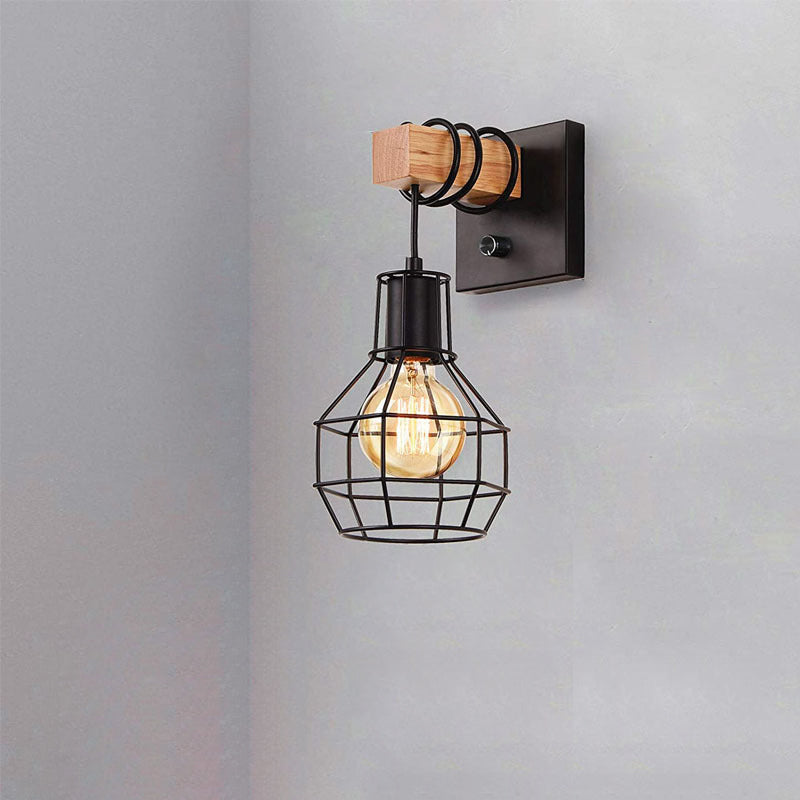 Applique murale contemporaine en métal industriel et bois avec cage grenade à 1 lumière pour cuisine 
