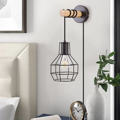 Applique murale contemporaine en métal industriel et bois avec cage grenade à 1 lumière pour cuisine 