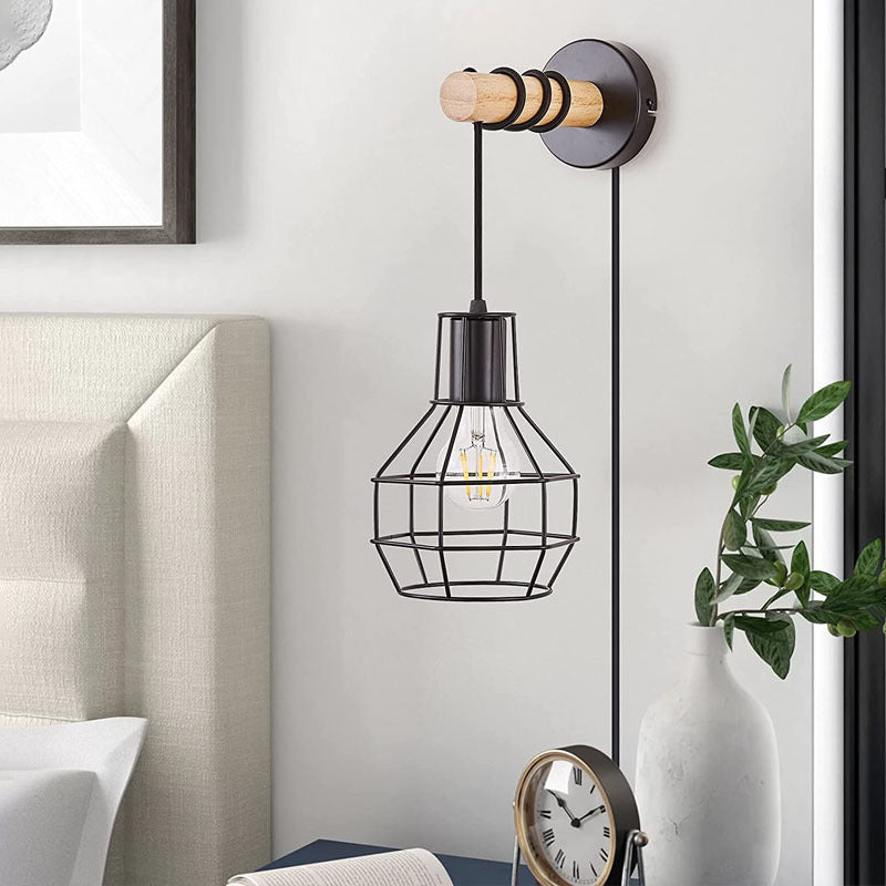 Applique murale contemporaine en métal industriel et bois avec cage grenade à 1 lumière pour cuisine 