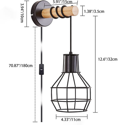 Applique murale contemporaine en métal industriel et bois avec cage grenade à 1 lumière pour cuisine 