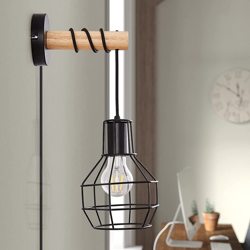 Applique murale contemporaine en métal industriel et bois avec cage grenade à 1 lumière pour cuisine 