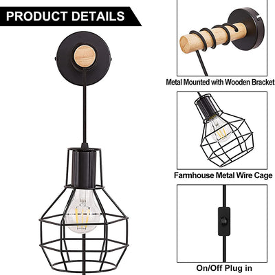 Applique murale contemporaine en métal industriel et bois avec cage grenade à 1 lumière pour cuisine 