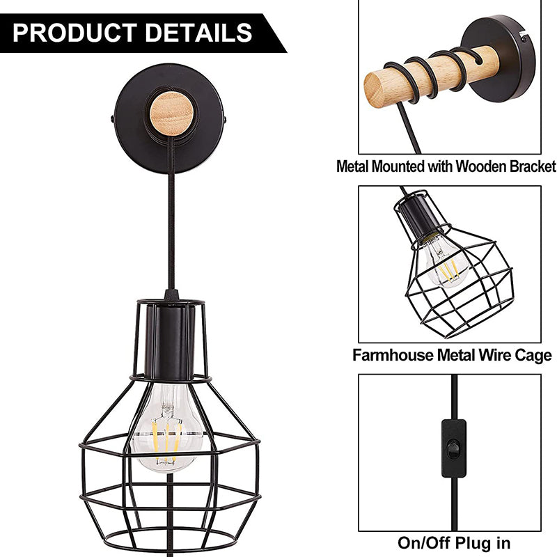 Applique murale contemporaine en métal industriel et bois avec cage grenade à 1 lumière pour cuisine 