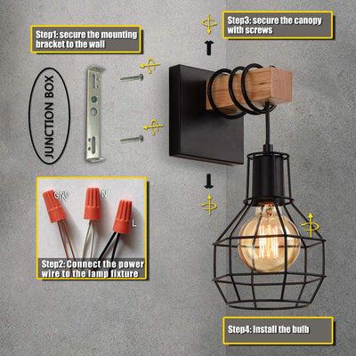 Applique murale contemporaine en métal industriel et bois avec cage grenade à 1 lumière pour cuisine 