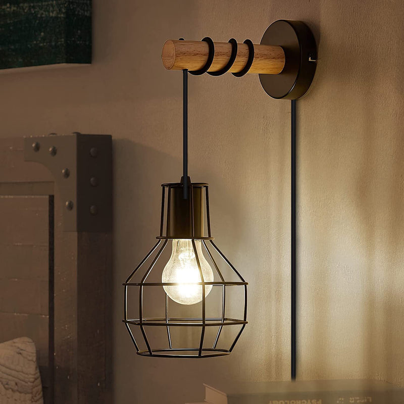 Applique murale contemporaine en métal industriel et bois avec cage grenade à 1 lumière pour cuisine 