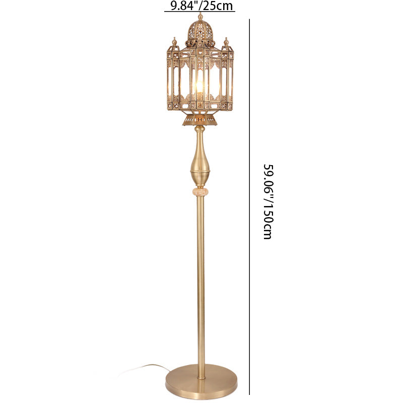 Lanterne en laiton traditionnelle européenne avec dôme en verre et cylindre, sculpture ajourée, lampe sur pied 1 lumière pour salon 