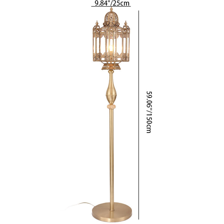 Lanterne en laiton traditionnelle européenne avec dôme en verre et cylindre, sculpture ajourée, lampe sur pied 1 lumière pour salon 