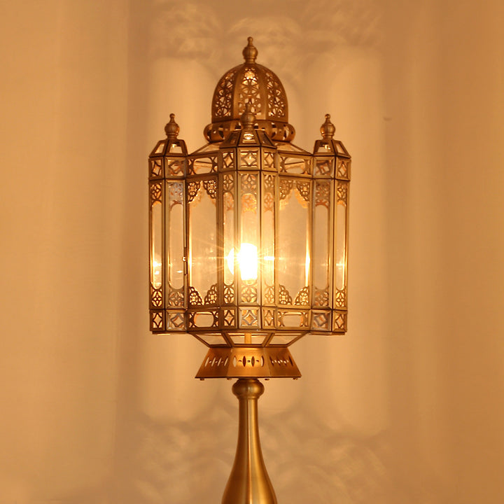 Traditionelle europäische Messing-Glaskuppel-Zylinderlaterne mit durchbrochener Schnitzerei und 1 Licht, Stehlampe für Wohnzimmer 