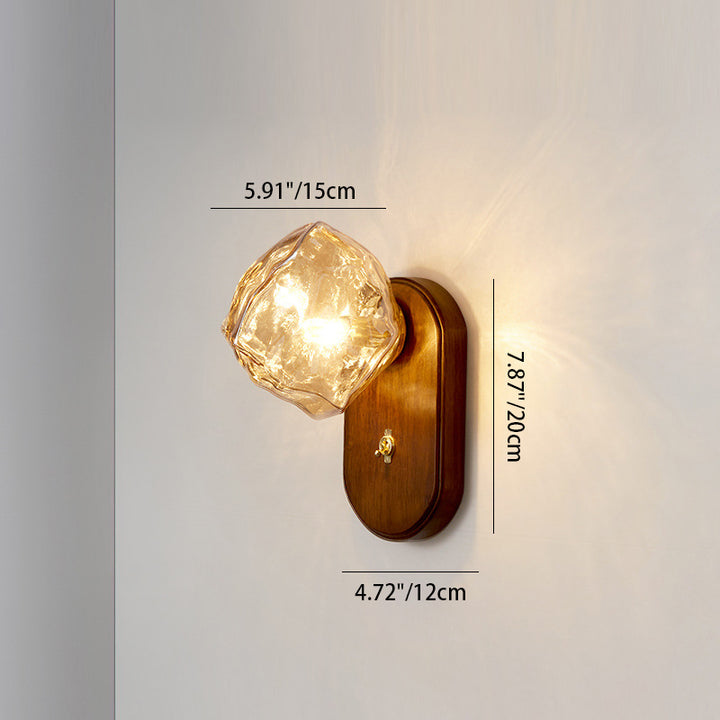 Lámpara de aplique de pared contemporánea retro de madera maciza con vidrio en forma de cubo de hielo elíptico de 1 luz para mesita de noche 