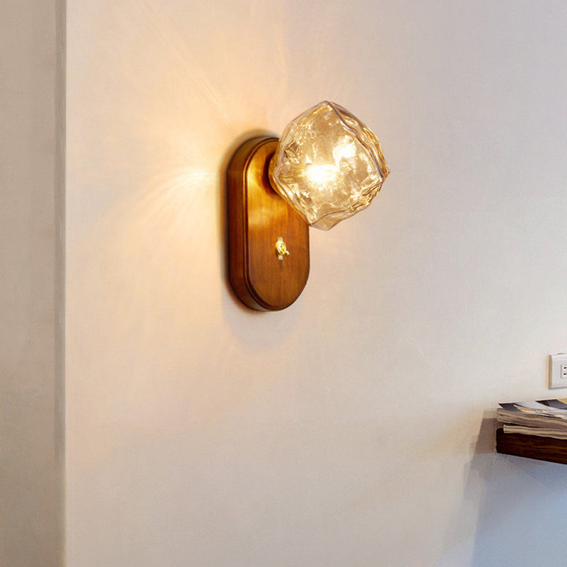 Lámpara de aplique de pared contemporánea retro de madera maciza con vidrio en forma de cubo de hielo elíptico de 1 luz para mesita de noche 