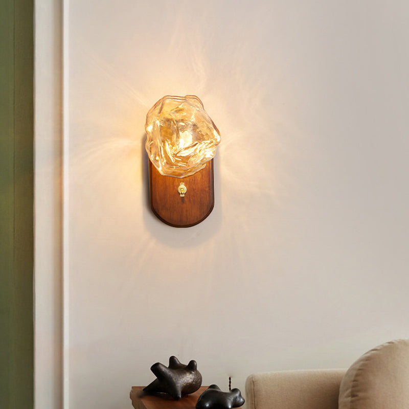 Lámpara de aplique de pared contemporánea retro de madera maciza con vidrio en forma de cubo de hielo elíptico de 1 luz para mesita de noche 