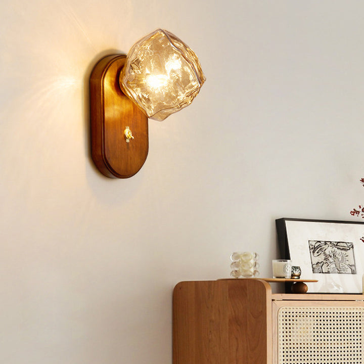 Lámpara de aplique de pared contemporánea retro de madera maciza con vidrio en forma de cubo de hielo elíptico de 1 luz para mesita de noche 