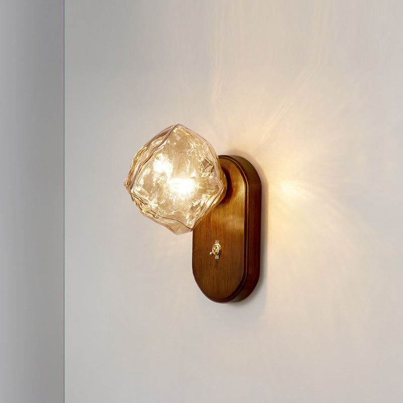 Lámpara de aplique de pared contemporánea retro de madera maciza con vidrio en forma de cubo de hielo elíptico de 1 luz para mesita de noche 