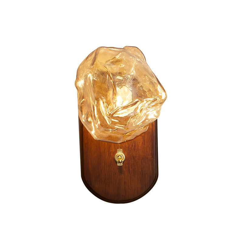 Lámpara de aplique de pared contemporánea retro de madera maciza con vidrio en forma de cubo de hielo elíptico de 1 luz para mesita de noche 