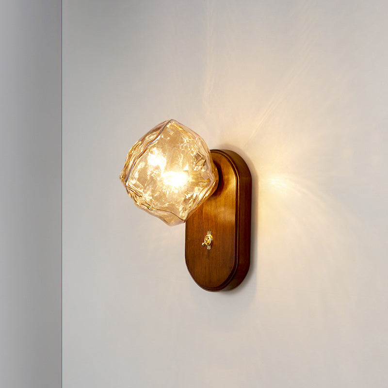Lámpara de aplique de pared contemporánea retro de madera maciza con vidrio en forma de cubo de hielo elíptico de 1 luz para mesita de noche 