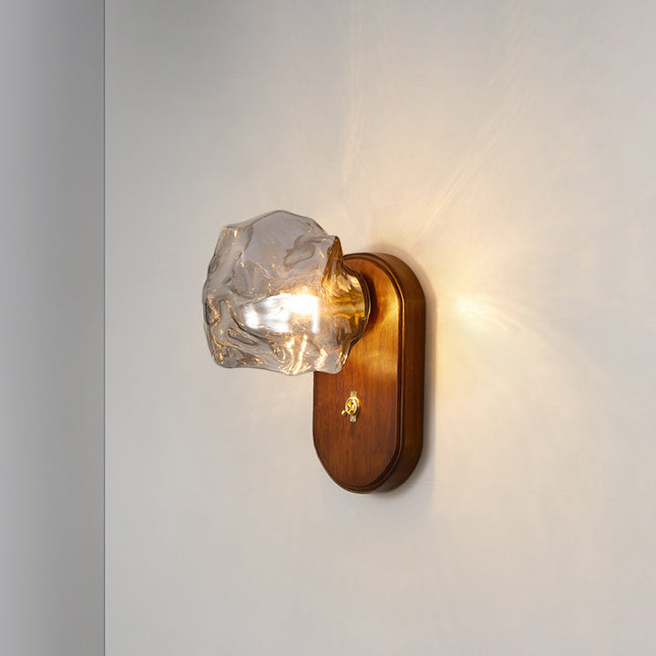 Lámpara de aplique de pared contemporánea retro de madera maciza con vidrio en forma de cubo de hielo elíptico de 1 luz para mesita de noche 