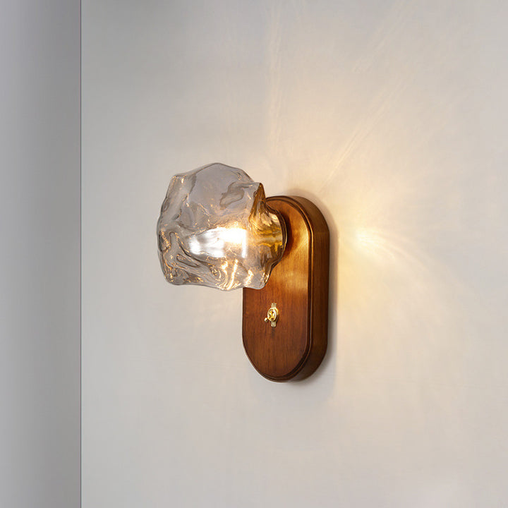 Lámpara de aplique de pared contemporánea retro de madera maciza con vidrio en forma de cubo de hielo elíptico de 1 luz para mesita de noche 