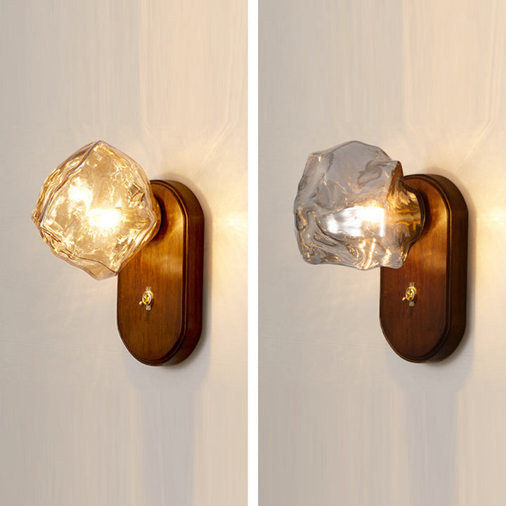 Lámpara de aplique de pared contemporánea retro de madera maciza con vidrio en forma de cubo de hielo elíptico de 1 luz para mesita de noche 