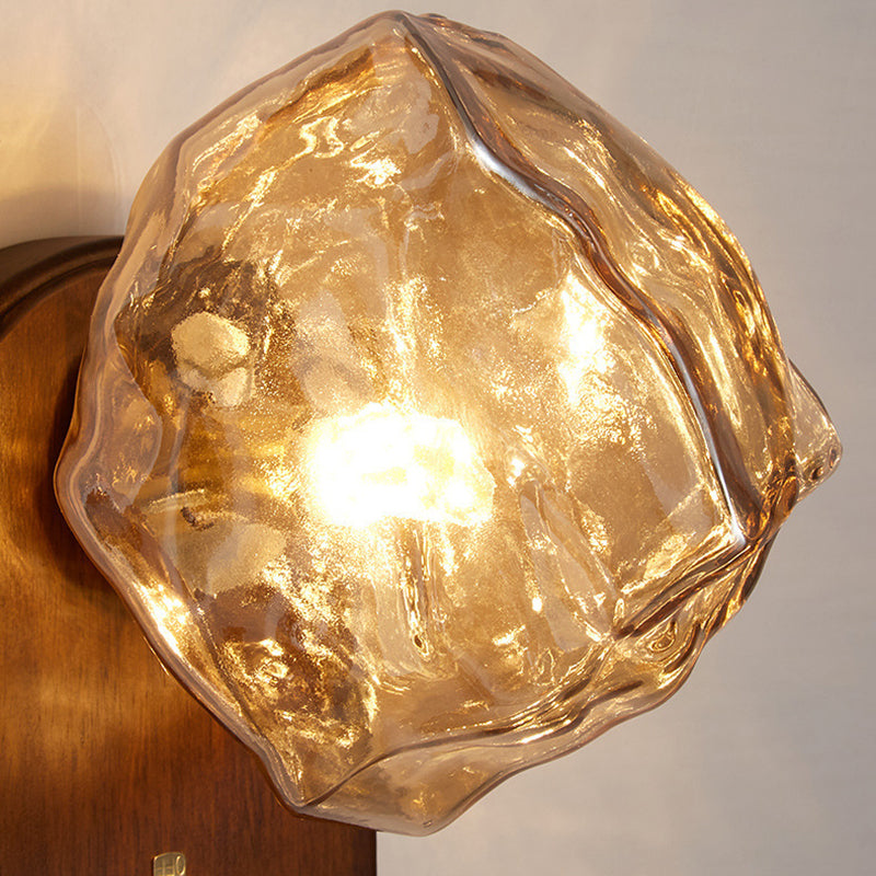 Lámpara de aplique de pared contemporánea retro de madera maciza con vidrio en forma de cubo de hielo elíptico de 1 luz para mesita de noche 