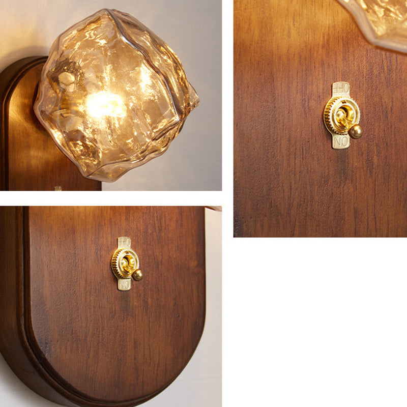 Lámpara de aplique de pared contemporánea retro de madera maciza con vidrio en forma de cubo de hielo elíptico de 1 luz para mesita de noche 