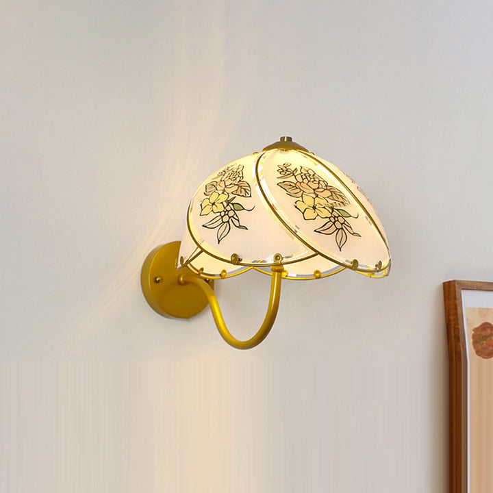 Applique Murale 1 Lumière en Métal Traditionnel Français avec Dôme en Verre et Fleur Ombellée pour Chambre 