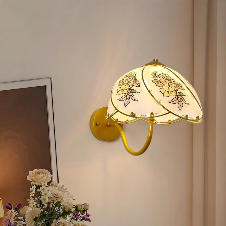 Applique Murale 1 Lumière en Métal Traditionnel Français avec Dôme en Verre et Fleur Ombellée pour Chambre 