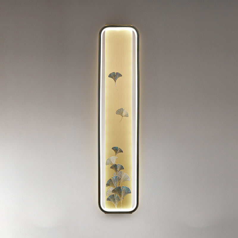 Applique murale LED en émail de cuivre chinois traditionnel rectangulaire peinte à la main avec lotus, feuille de bambou et ginkgo biloba pour chevet 