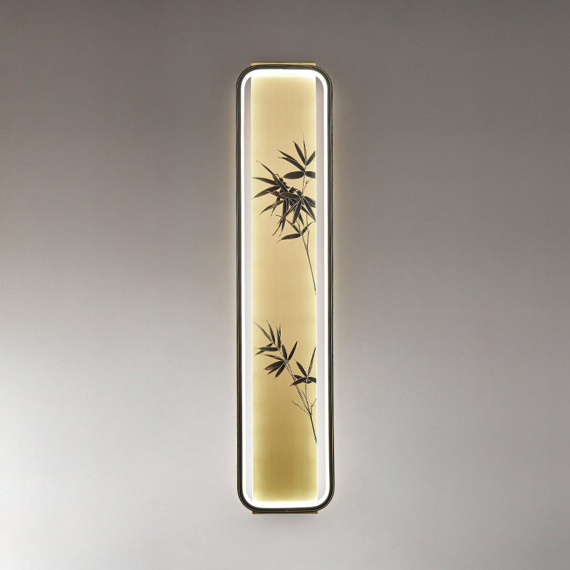 Applique murale LED en émail de cuivre chinois traditionnel rectangulaire peinte à la main avec lotus, feuille de bambou et ginkgo biloba pour chevet 