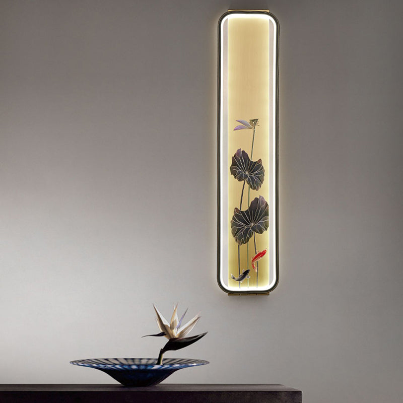 Applique murale LED en émail de cuivre chinois traditionnel rectangulaire peinte à la main avec lotus, feuille de bambou et ginkgo biloba pour chevet 