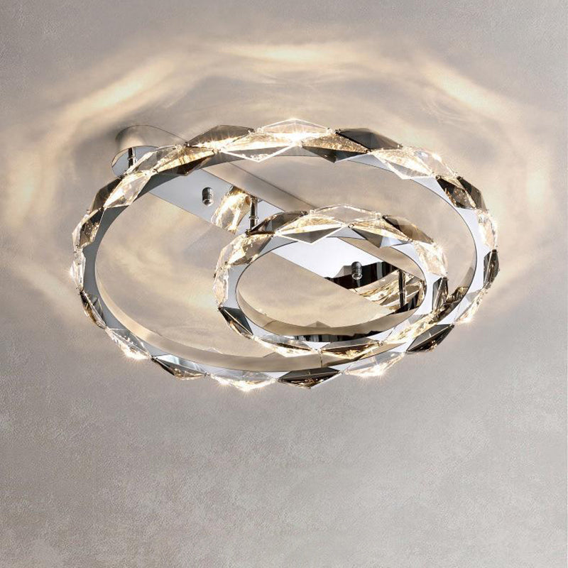 Lustre LED semi-encastré moderne en acier inoxydable avec anneau circulaire en cristal de luxe pour salon 
