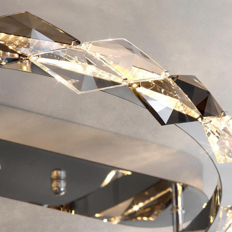 Lustre LED semi-encastré moderne en acier inoxydable avec anneau circulaire en cristal de luxe pour salon 