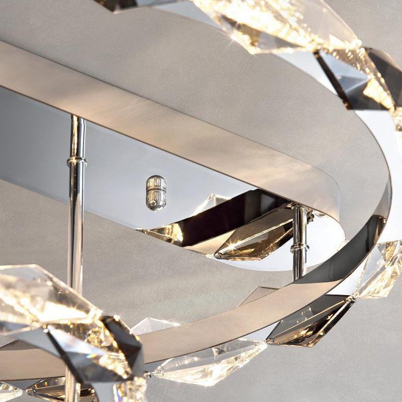 Lustre LED semi-encastré moderne en acier inoxydable avec anneau circulaire en cristal de luxe pour salon 