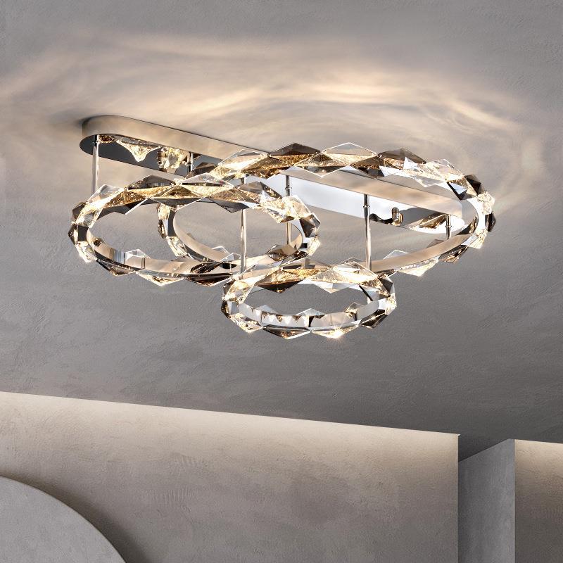 Lustre LED semi-encastré moderne en acier inoxydable avec anneau circulaire en cristal de luxe pour salon 