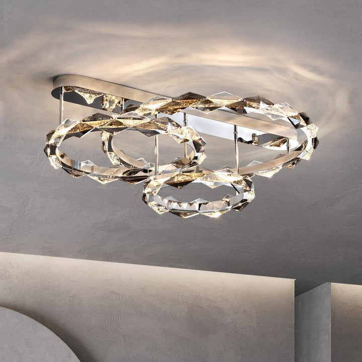 Lustre LED semi-encastré moderne en acier inoxydable avec anneau circulaire en cristal de luxe pour salon 