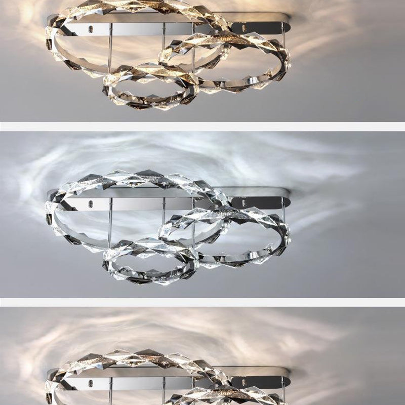 Lustre LED semi-encastré moderne en acier inoxydable avec anneau circulaire en cristal de luxe pour salon 