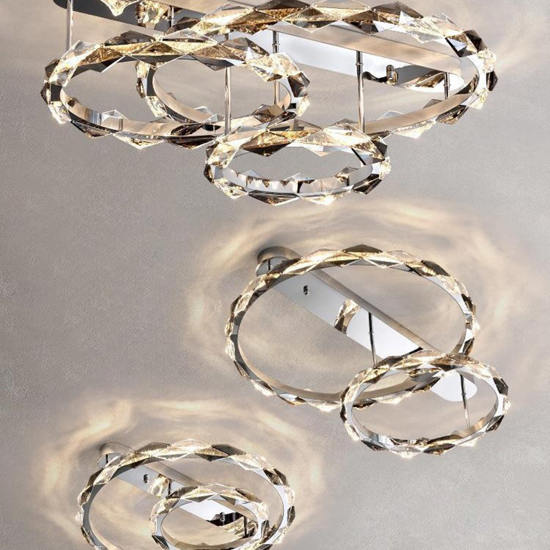 Lustre LED semi-encastré moderne en acier inoxydable avec anneau circulaire en cristal de luxe pour salon 