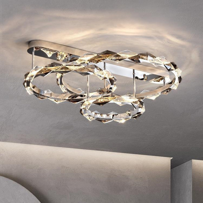 Lustre LED semi-encastré moderne en acier inoxydable avec anneau circulaire en cristal de luxe pour salon 