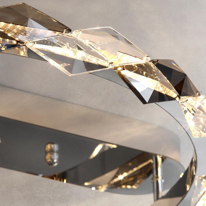 Lustre LED semi-encastré moderne en acier inoxydable avec anneau circulaire en cristal de luxe pour salon 
