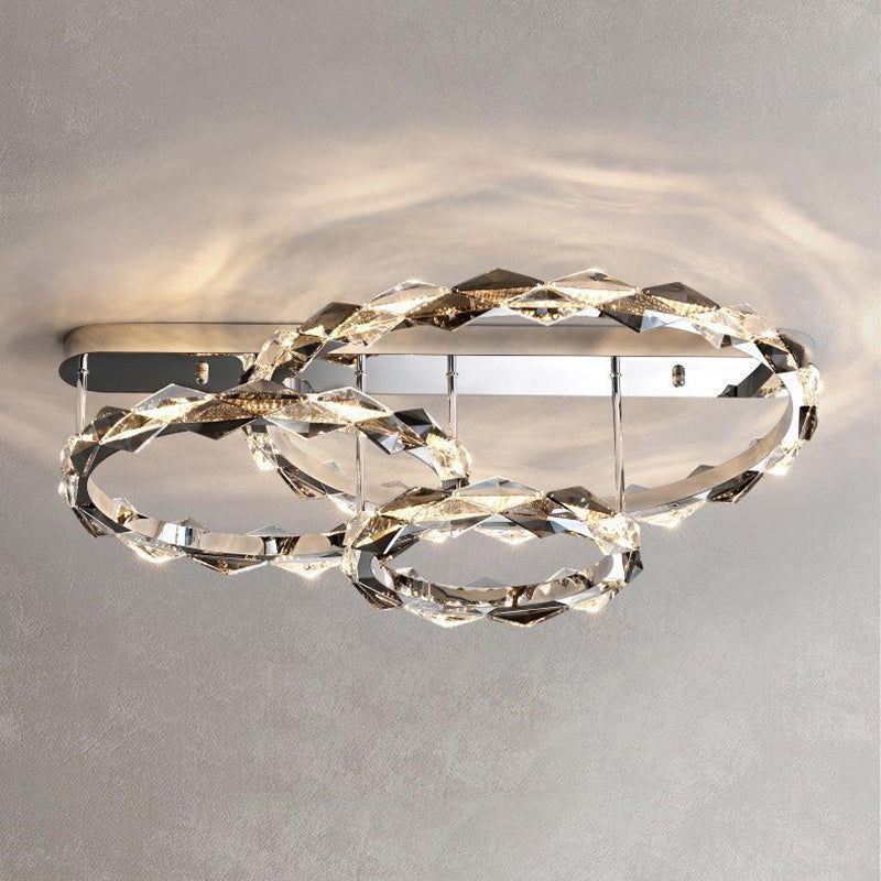 Lustre LED semi-encastré moderne en acier inoxydable avec anneau circulaire en cristal de luxe pour salon 