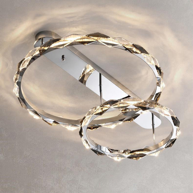 Lustre LED semi-encastré moderne en acier inoxydable avec anneau circulaire en cristal de luxe pour salon 