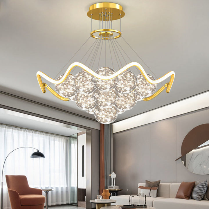 Moderne Luxus Metall Acryl Glas Ball Voller Stern Runde Welle LED Kronleuchter Für Wohnzimmer 