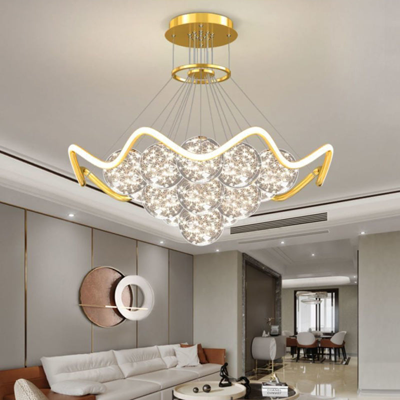 Moderne Luxus Metall Acryl Glas Ball Voller Stern Runde Welle LED Kronleuchter Für Wohnzimmer 