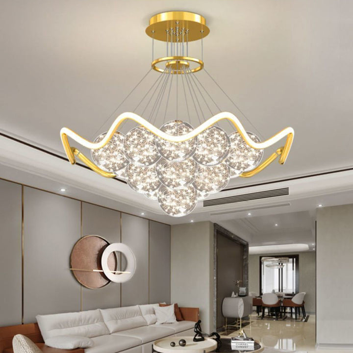 Moderne Luxus Metall Acryl Glas Ball Voller Stern Runde Welle LED Kronleuchter Für Wohnzimmer 