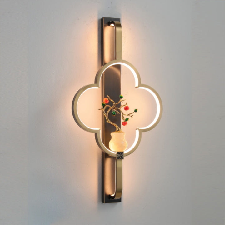 Traditionelle chinesische Kupfer Marmor Zinklegierung Blume Hirsch Flasche Kürbis LED Wandleuchte Lampe für Wohnzimmer 