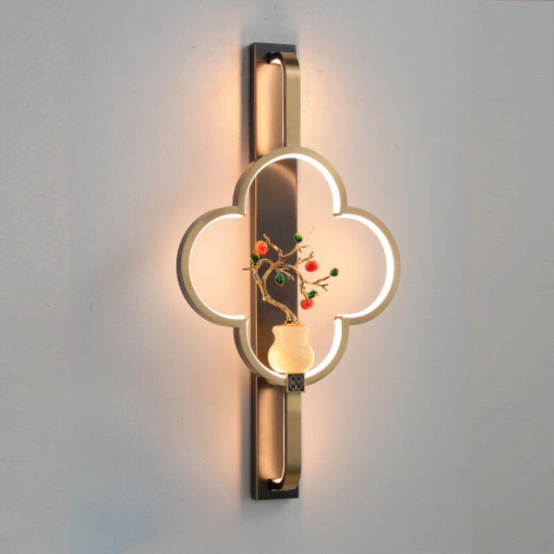 Traditionelle chinesische Kupfer Marmor Zinklegierung Blume Hirsch Flasche Kürbis LED Wandleuchte Lampe für Wohnzimmer 